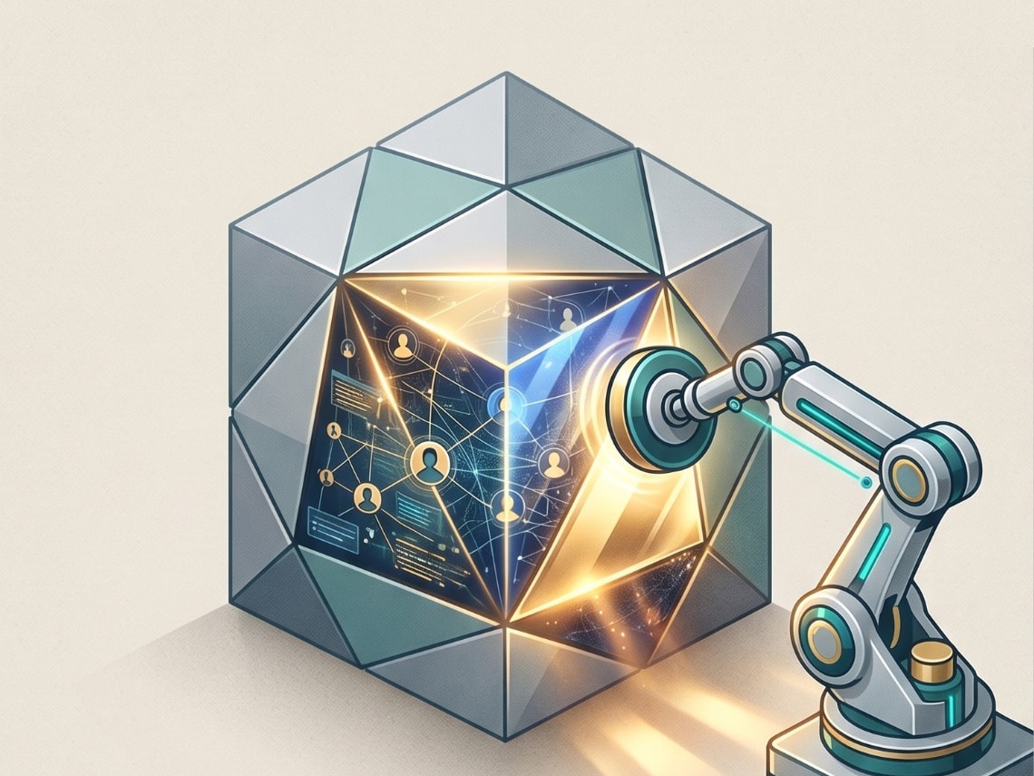 Robotic arm opening a facet of a faceted crystal to reveal a glowing network of people inside