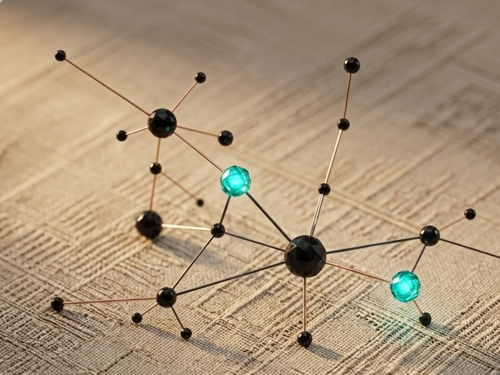 Connected black nodes and glowing teal points on a textured surface