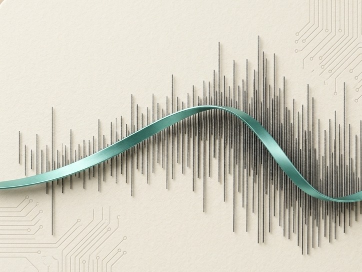 Teal wave crossing a field of fine black signal lines