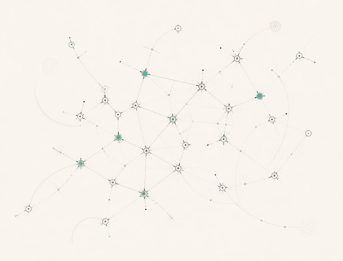 Lattice of cooperating agent nodes drawn in fine ink lines