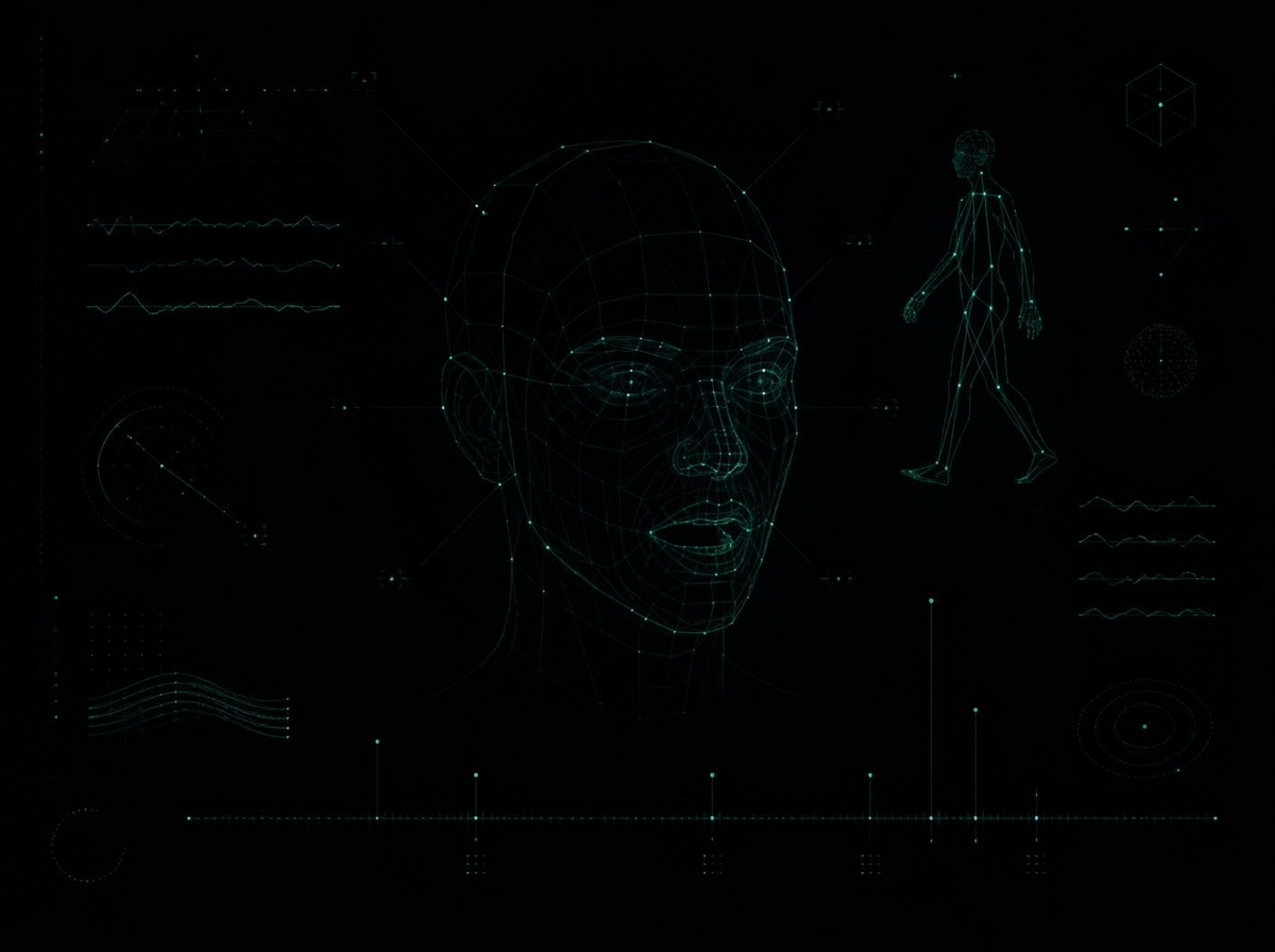 Wireframe face and pose tracking mesh converting live video into quantified signal
